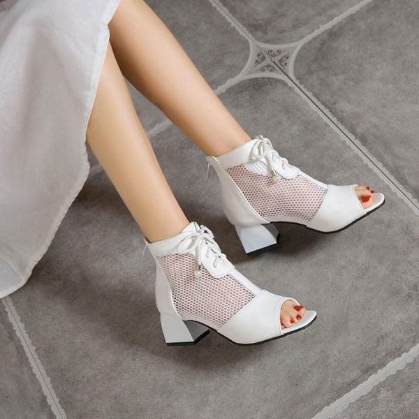 sandals summer style fashion high heels net yarn women's casual fish mouth open toe shoes 5cm plus size 34-48, Black
